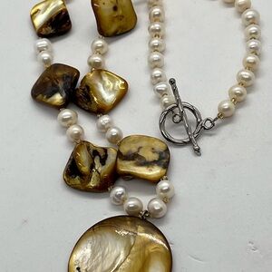 Golden dye Shell and Freshwater Pearl Necklace ~ artisan made